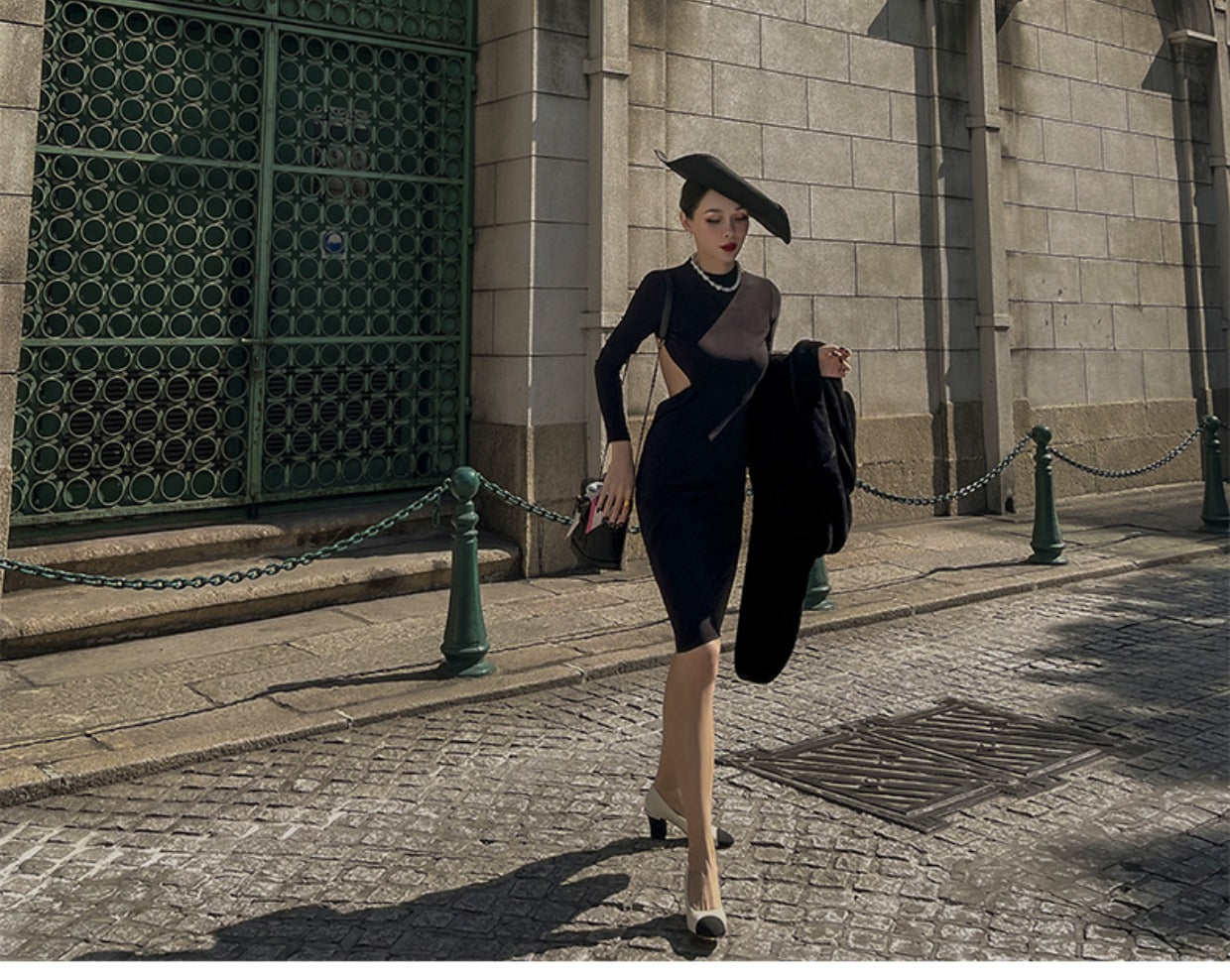 Le Palais Vintage Black Long Sleeve Open Back Matte Satin Cocktail Dress-Jade