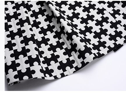 YES BY YESIR high-end black white puzzle houndstooth lapel long sleeve dress - Resan