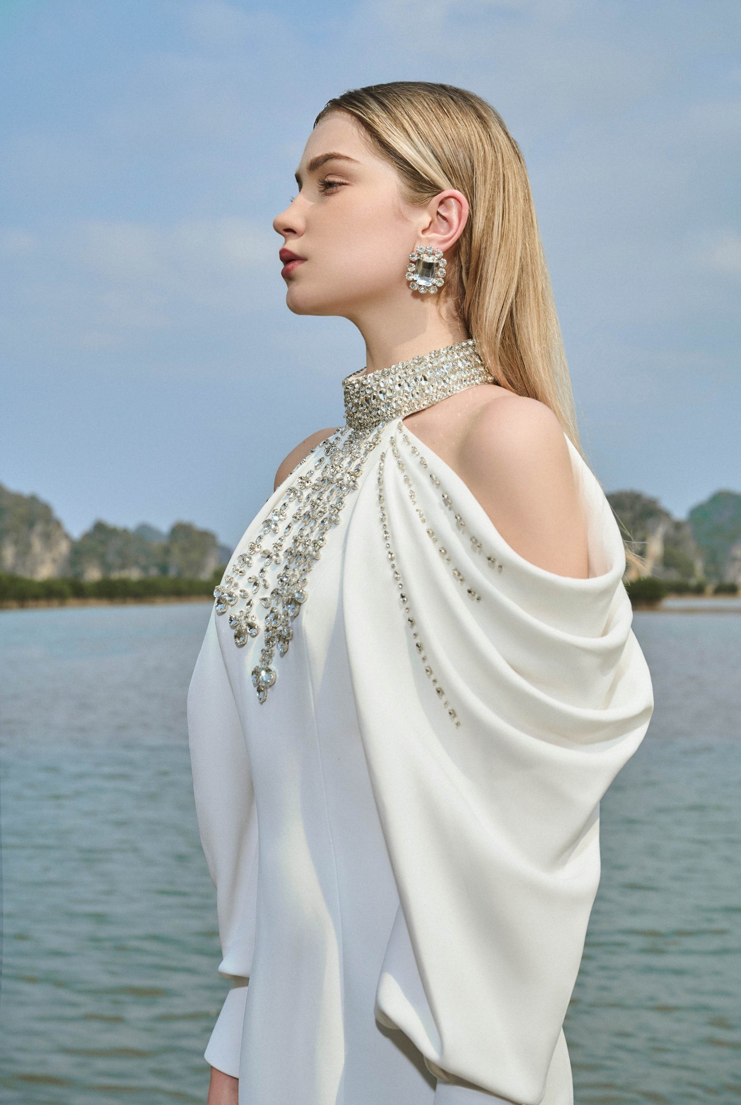 Cold-Shoulder Turtleneck Full Dress With Stone Embellishment