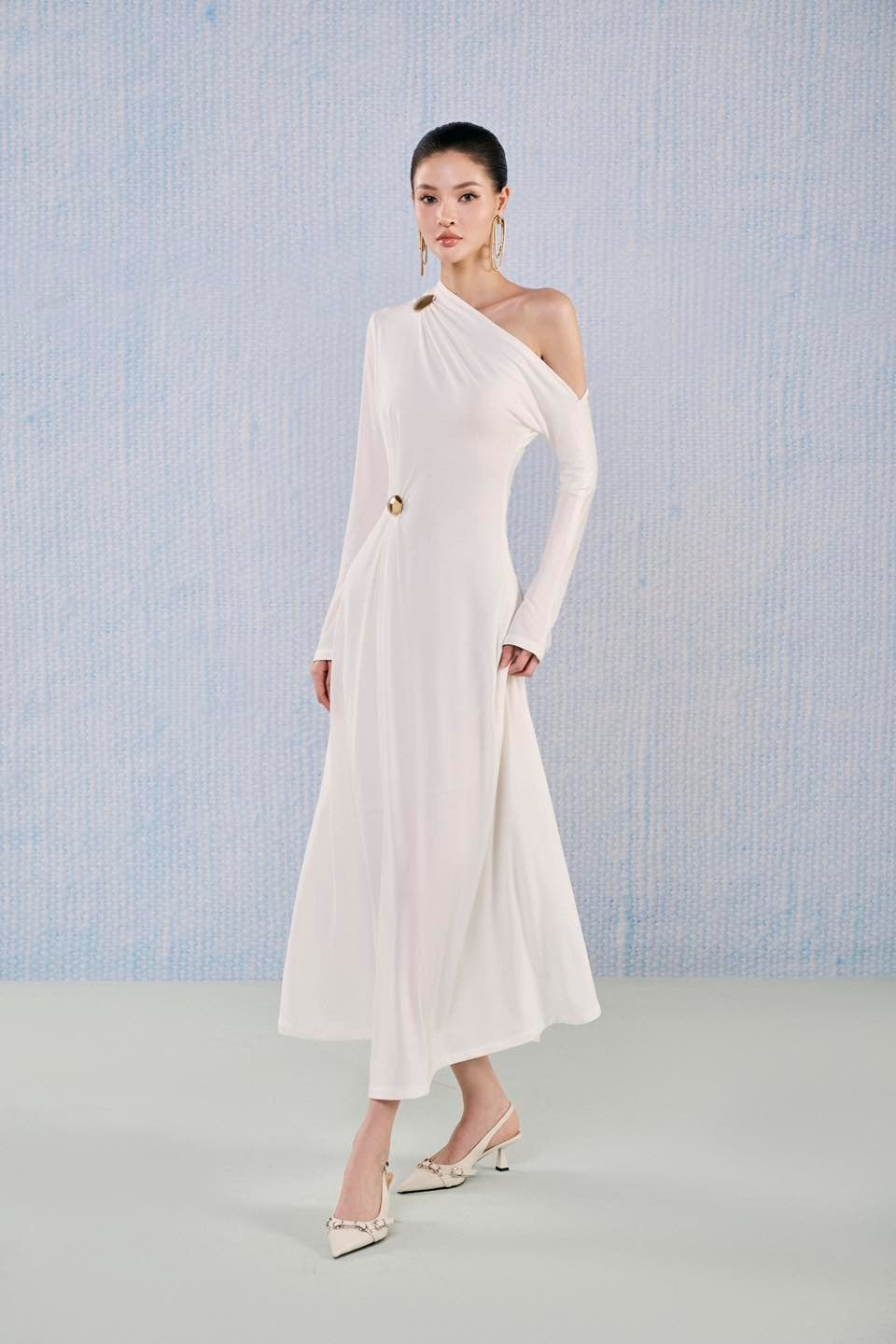 White Plan A-Line Asymmetric Off One Shoulder Sleeved Cinched Waist Viscose Ankle Length Midi Dress - Spinel M / Dress White Plan A-Line Asymmetric Off One Shoulder Sleeved Cinched Waist Viscose Ankle Length Midi Dress - Spinel M / Dress