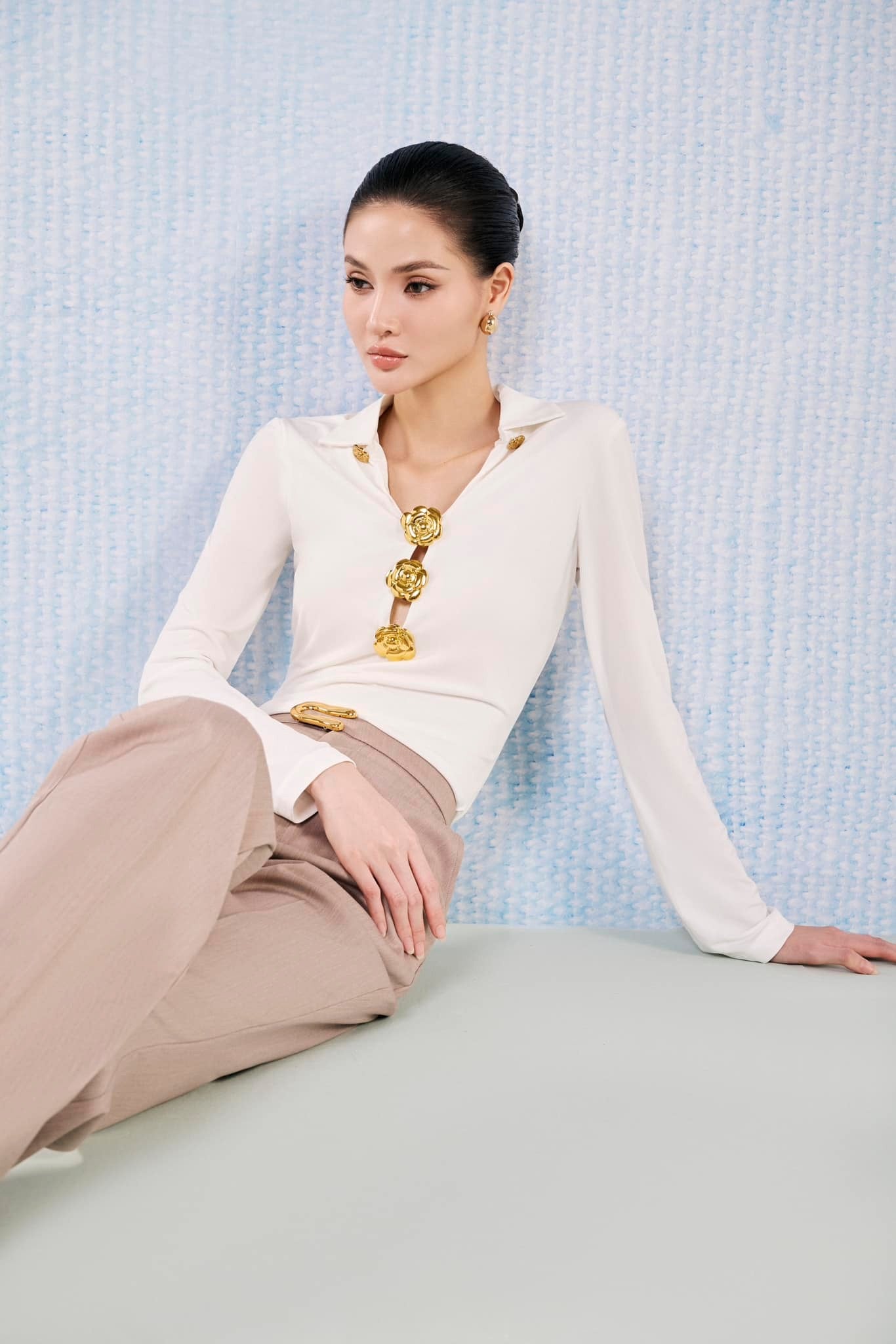 White Plan Brown tailored Straight Pants + Long Sleeved gold button shirt - Jade SET