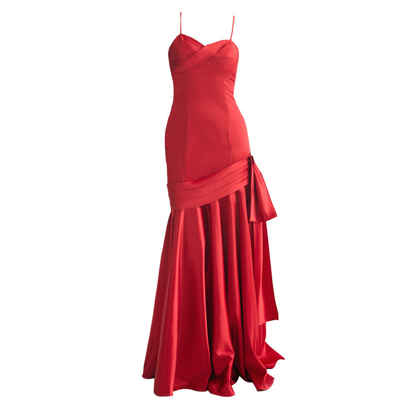 GOUDIN bright red wedding satin light luxury banquet evening dress-Liam.