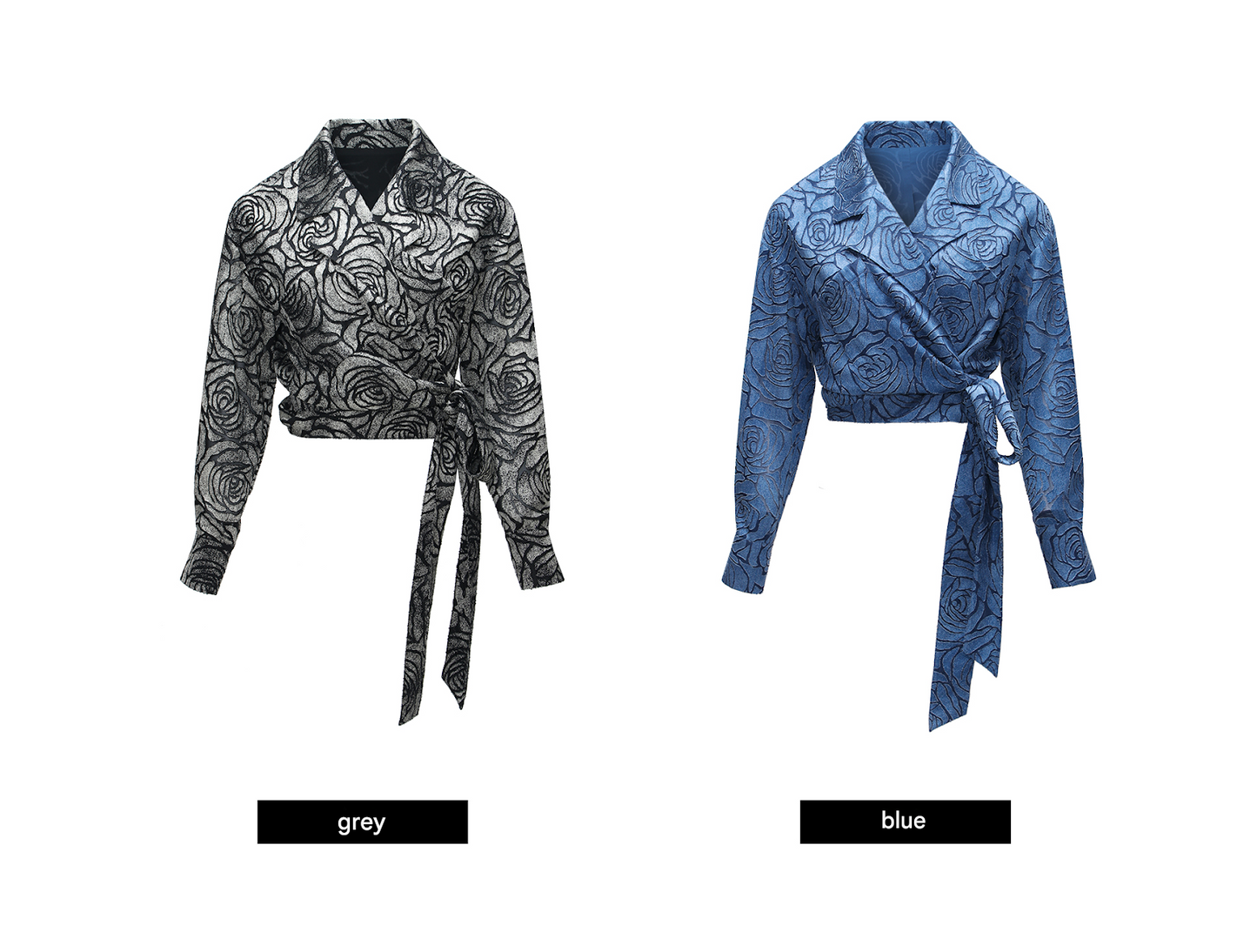 WANGXO | Rose Embossed Georgette with Cut Flowers Long Sleeve Cropped Shirt-SENA.