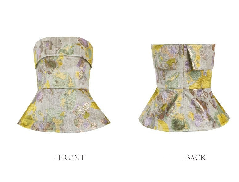 PURITY elegant off shoulder Classic oil painting gold top and maxi skirt set- MIa