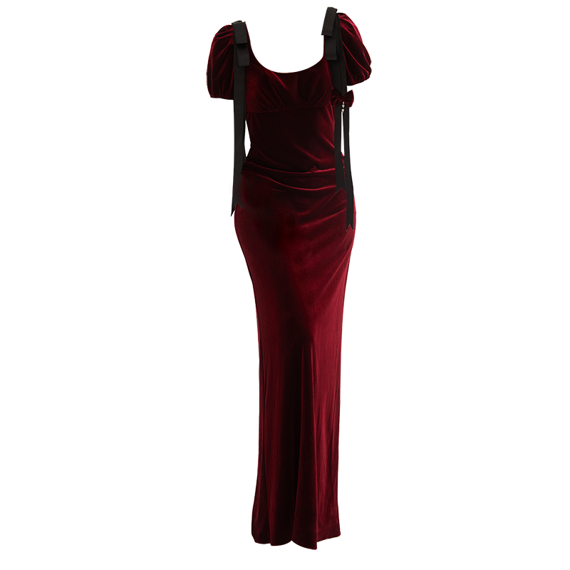 GOUDIN female burgundy velvet long high-end banquet evening dress-LIAM.