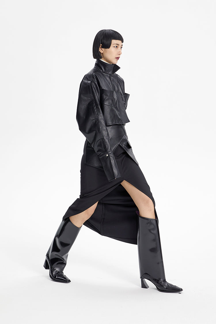 TINY IN ultra-short female black stand-up collar shirt sleeves leather jacket - KIN