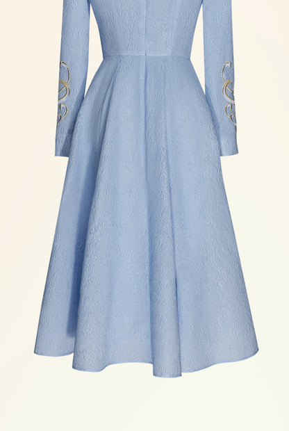 Magic Q coral blue butterfly embroidered mesh panels sweetheart collar mink strip embellished swing dress