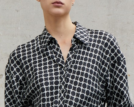 COMME MOI Lv Yan designer women's elegant silk black and white printed long sleeve dress - EMILIA.