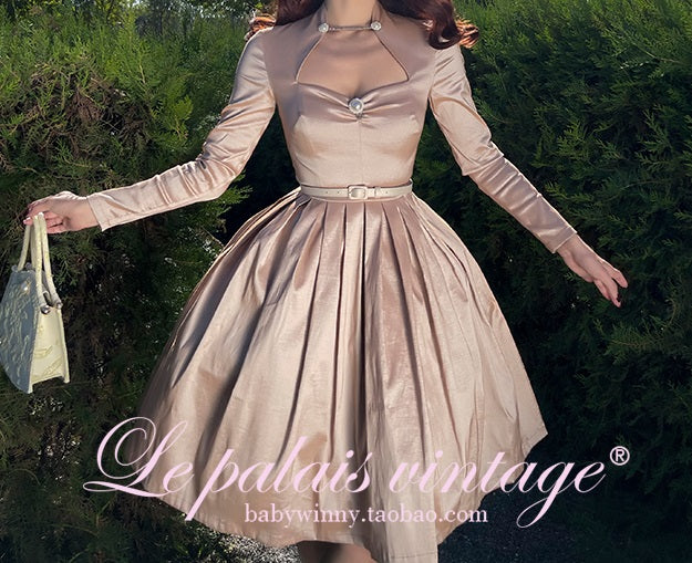 le palais vintage autumn and winter flash diamond pearlescent long-sleeved slim tutu skirt-NINU