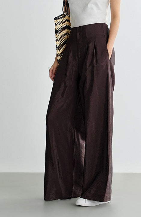 COMME MOI Lv Yan designer's new brown high-waisted pressed pleated wide-leg pants - LAKELYN.