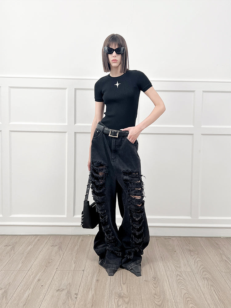 ANNAKIKI Designer Women's Niche Black Ripped Distressed Jeans Wide-leg Pants-SPIKE
