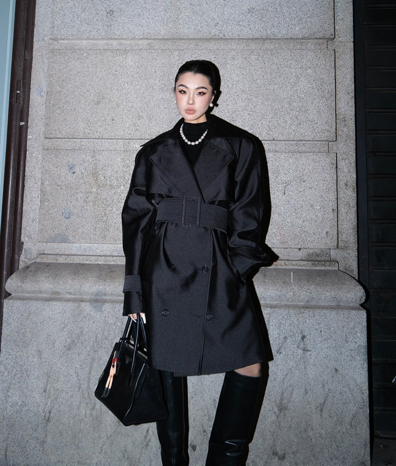 MEI SANGUAN Black double-breasted belted trench coat - BRIAN