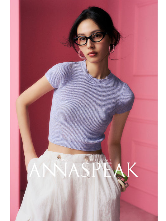 AnnaSpeak Luxury Plain Round Neck Short Sleeve Slim Fit Knitted Short Shirt-Suzie