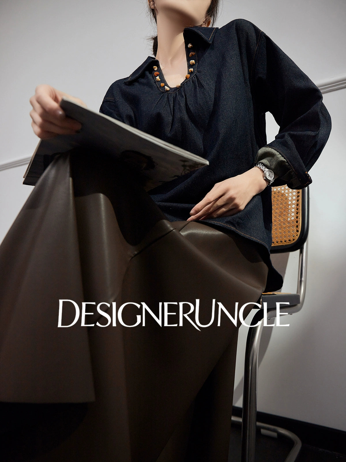 DGU "Fog Shadow" Denim New Retro Velvet Loose Slimming Commuter Top - SENT.