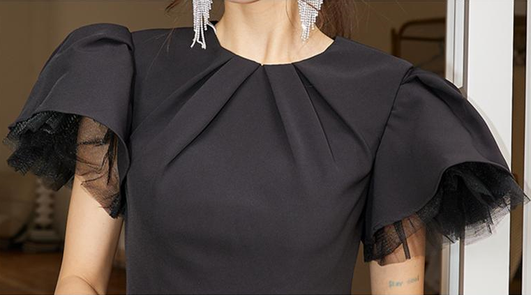 DOLLY Elegant Black Half Turtle Neck Short Puff Sleeve Midi Mesh Dinner Dress-AARTI