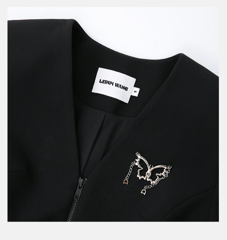 LEDIM W V-neck butterfly patch long sleeve hourglass stuctured little black dress - Lioe