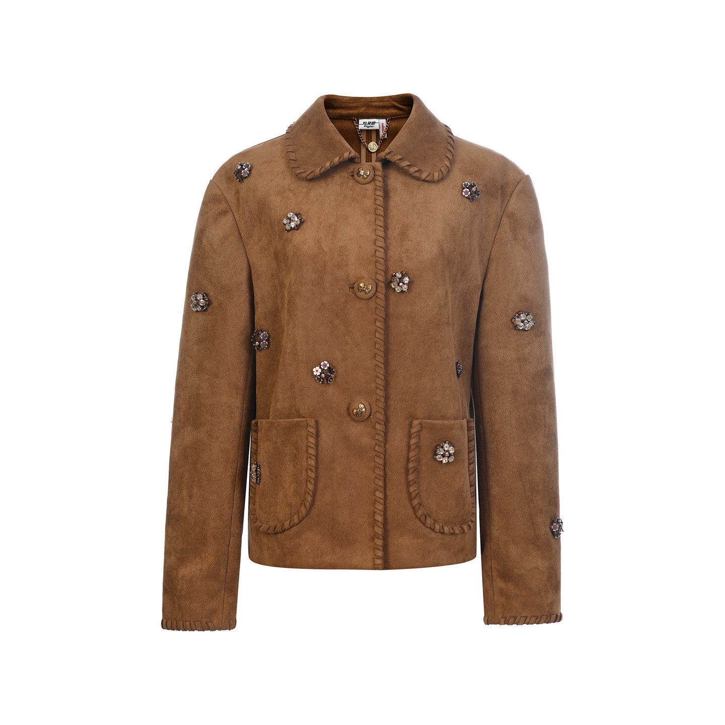 FAME Brown Three-Dimensional Flower Beaded Suede Jacket Top - KENNY.