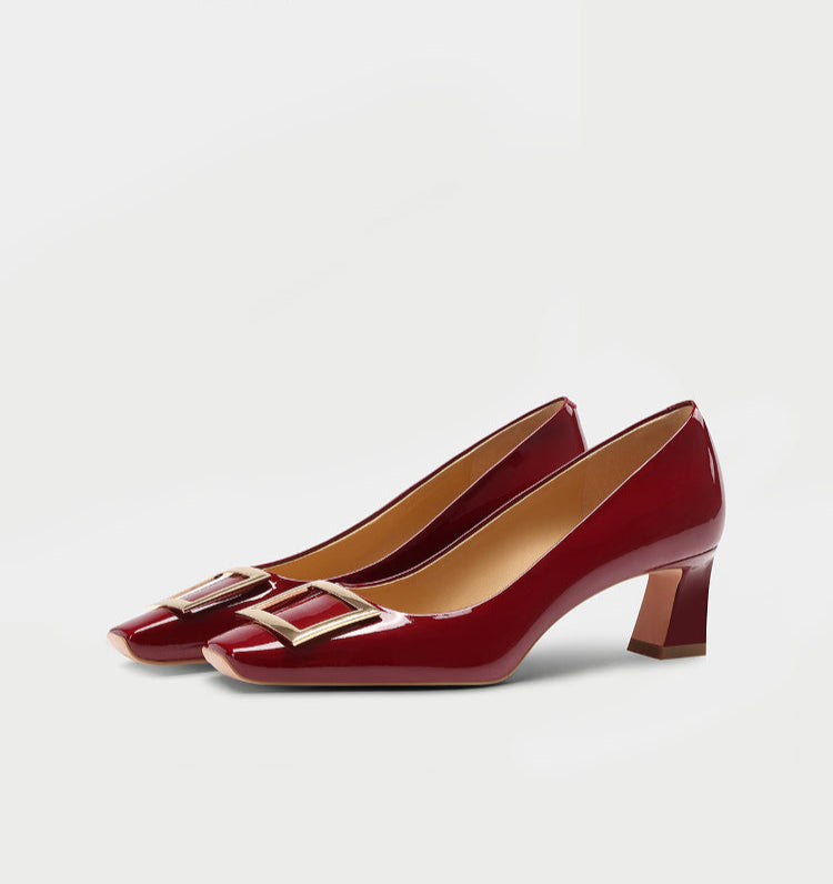 Pjjuu R Square Buckle V Red Block Heel - CALEB