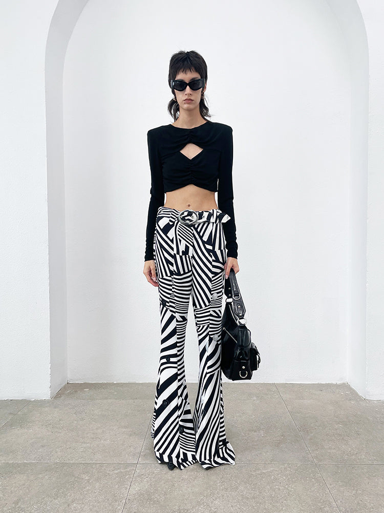 ANNAKIKI black and white contrasting special-shaped striped bootcut trousers for women-HIRANO