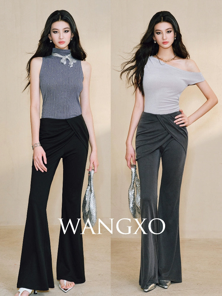 WANGXO Smooth Modal Cupro Beads Low-Waisted Slim Flared Layered Pants - SELMA