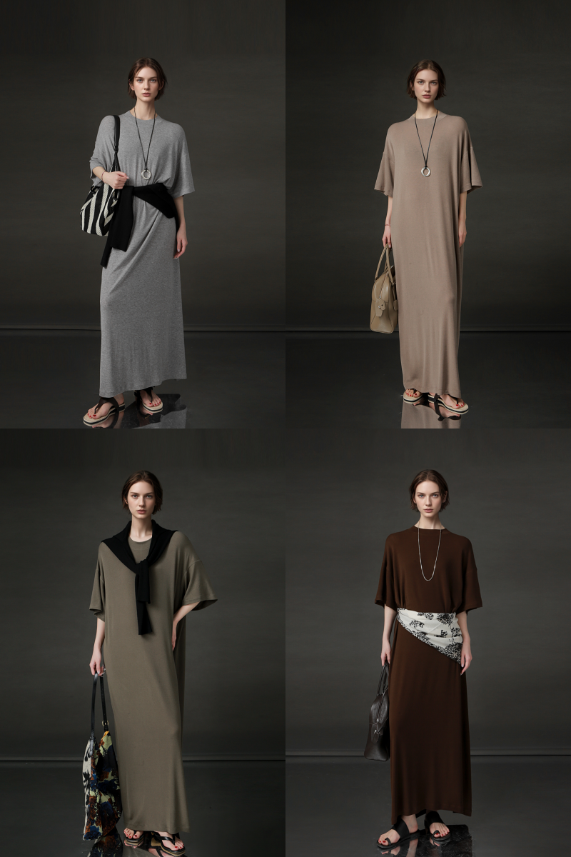 PIAOIN minimalist style nude tencel wool t-shirt skirt versatile dress -LYDIA