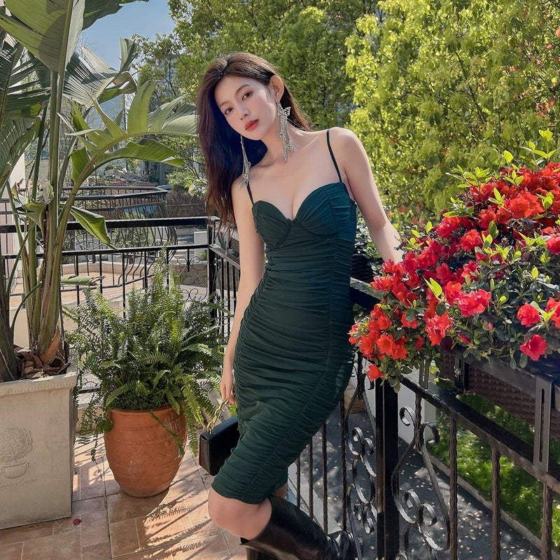 Dolly Luxury V-Neck Sleeveless Pleated Slim Fit Hip Hug Midi Date Dress-PHILO Xs / Green
