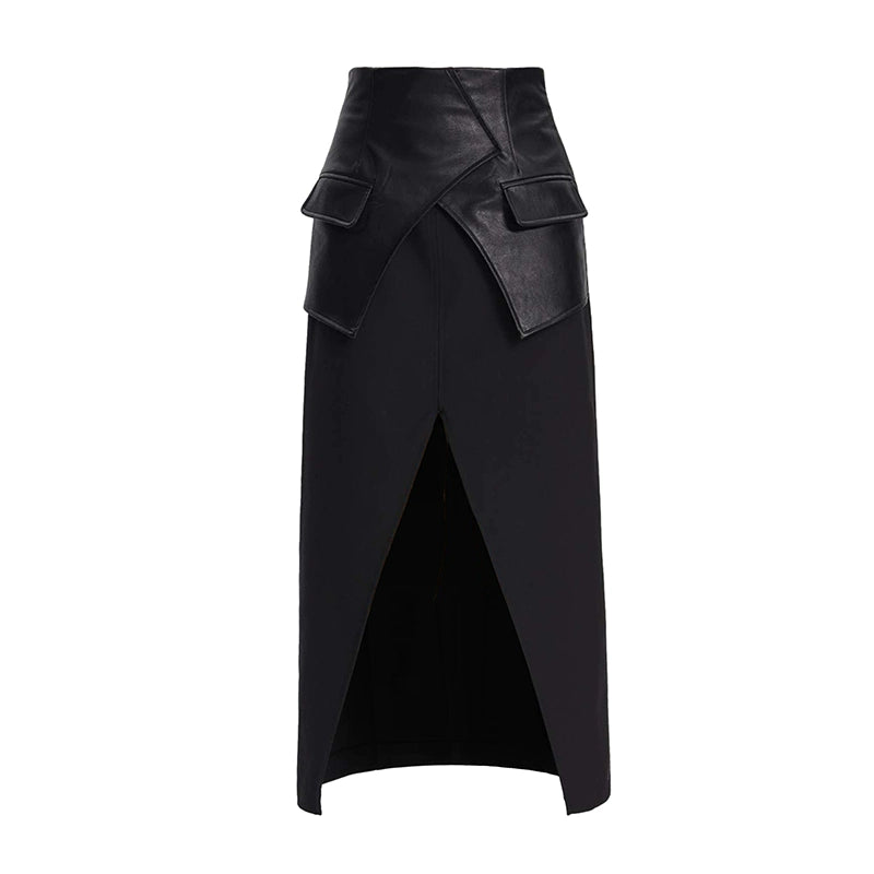 TINY IN large slit leather panel long black high-waisted skirt - DON