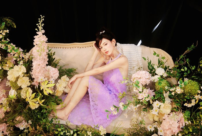 DOLLY High End French Style Violet Sleeveless Halter Neck Loose Dinner Dress-Flower (V)