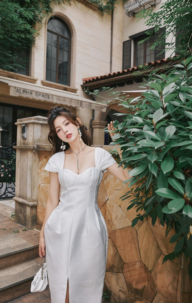 DOLLY Luxury French Style Square Collar Short Puff Sleeves Flower Bud Midi Dress-SARAH