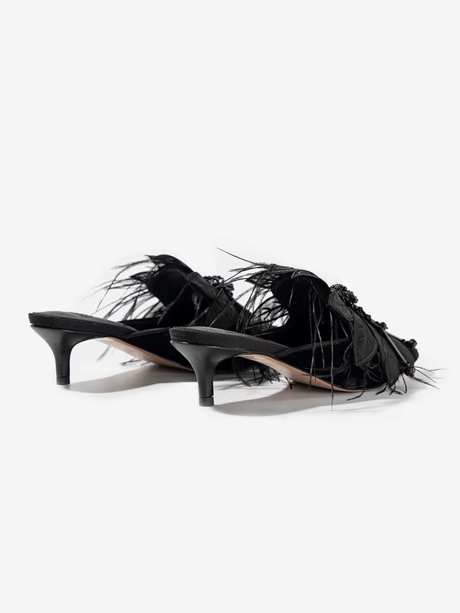 B-FEI Elegant Feather Rhinestone Black Kitten Heel mules-MABS.