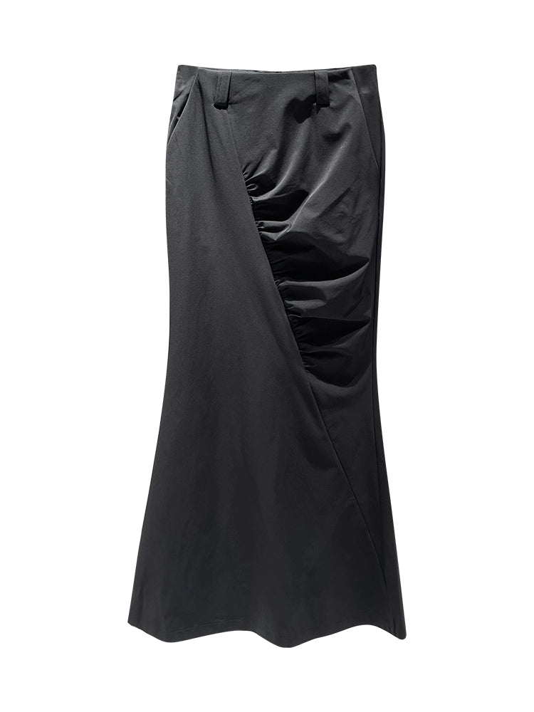 ANNAKIKI designer black asymmetrical pleated mid-rise mermaid skirt-LAUFEY