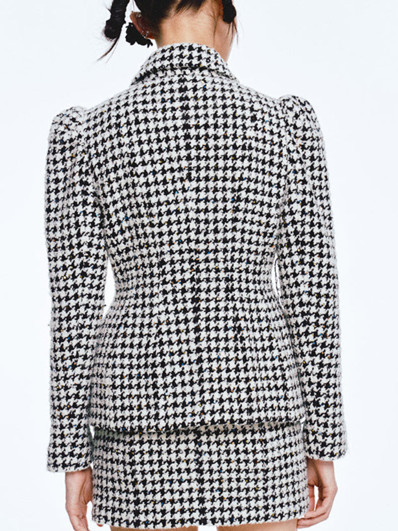 Limited edition Autumn PU leather big bow tweed houndstooth blazer jacket suit set- Tailor