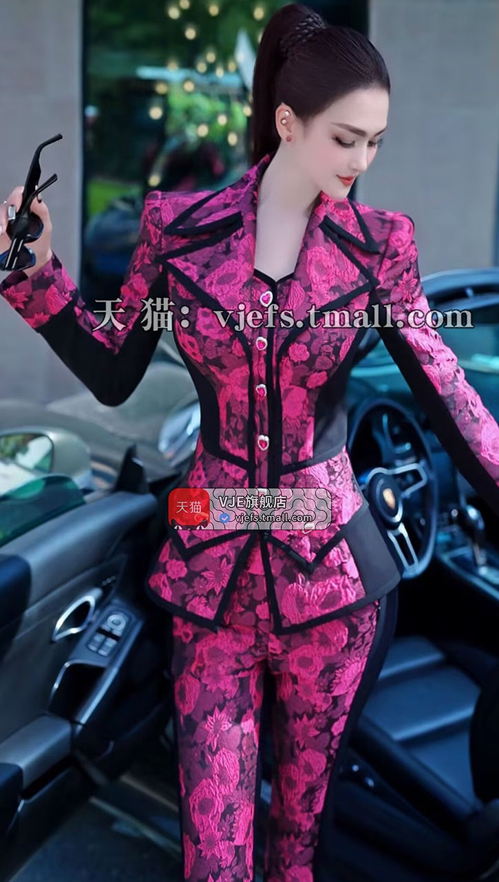 VJE Jacquard Suit Micro Flared Pants Two-Piece Set Slim OL Suit-NAMS.
