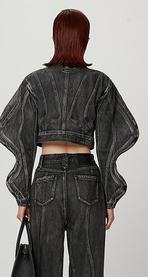 ANNAKIKI Wave sleeve split denim jacket-MIDORIYA.
