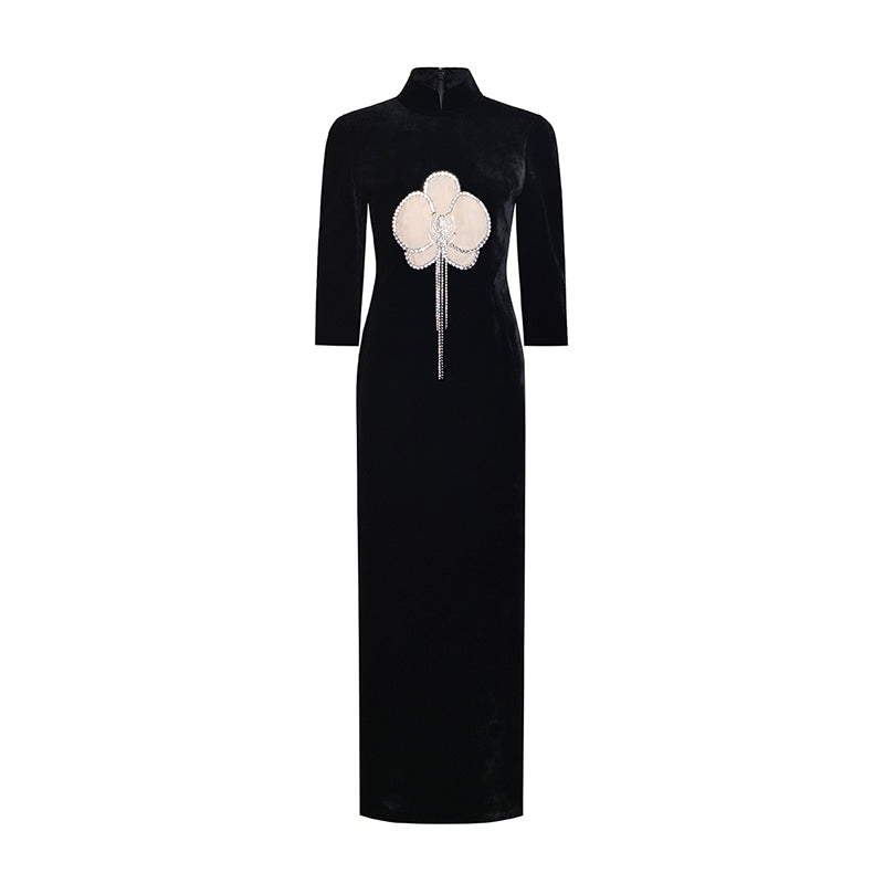 M essential Mackay designer silk-velvet workshop patchwork tasseled beaded dress - no1