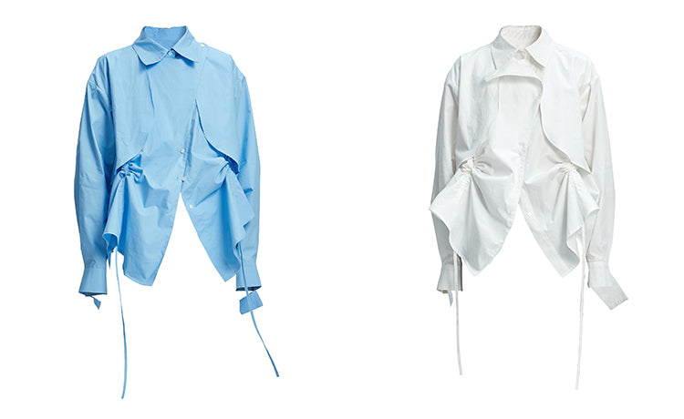 TINY IN two irregular drawstrings waist cinching blue white shirts-DANTE