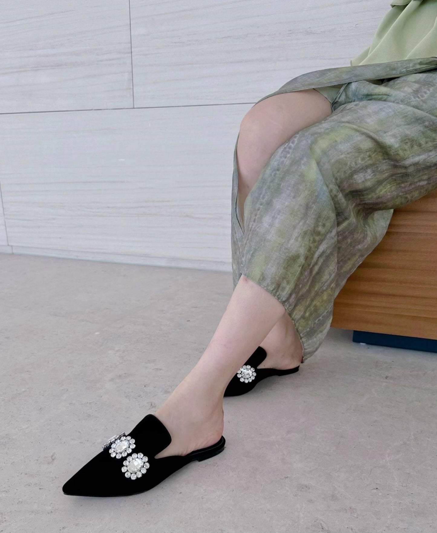 B-FEI custom pointed rhinestone flat mules.