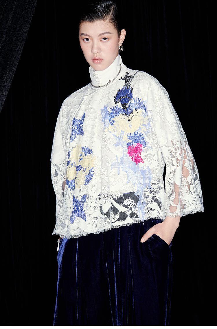 M essential Mackay designer White Lace atelier layered lace inlay top blue velvet pant- olay.