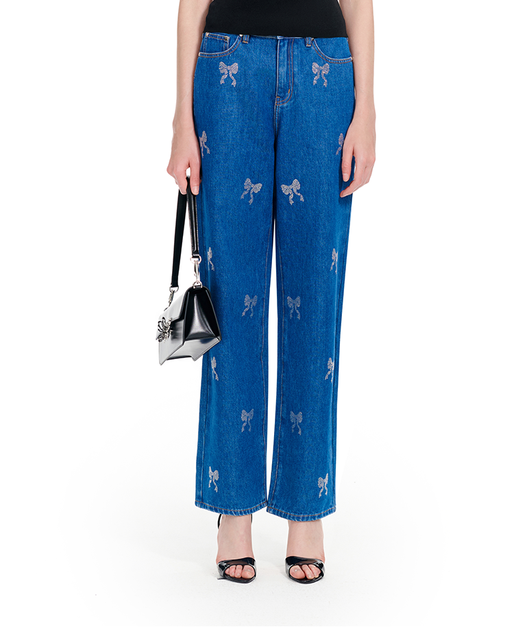 YES BY YESIR | Ye Qians Shine Love Bow Hot Diamond Straight Jeans -MIRABELLE.