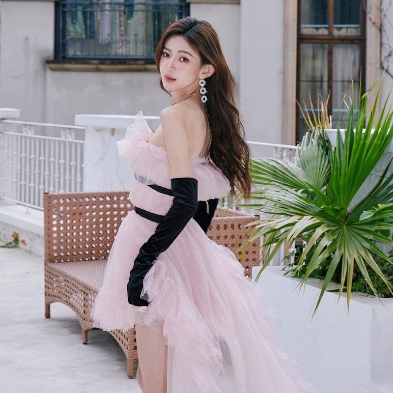 DOLLY High End Pink Sleeveless Mesh Puffy Tutu Trail Birthday Dress-ISIDORA XS / Pink (No gloves! The Trail is removable)