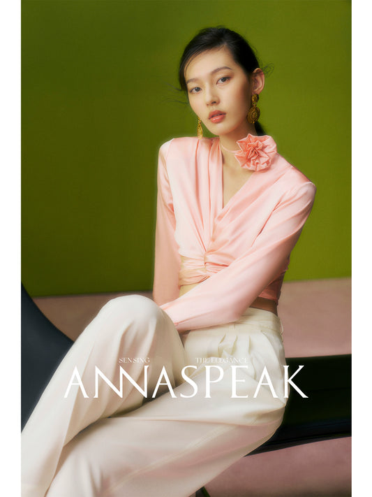 AnnaSpeak Luxury Pink V-Neck Long Sleeve Loose Silk Tie Short Top-Irene