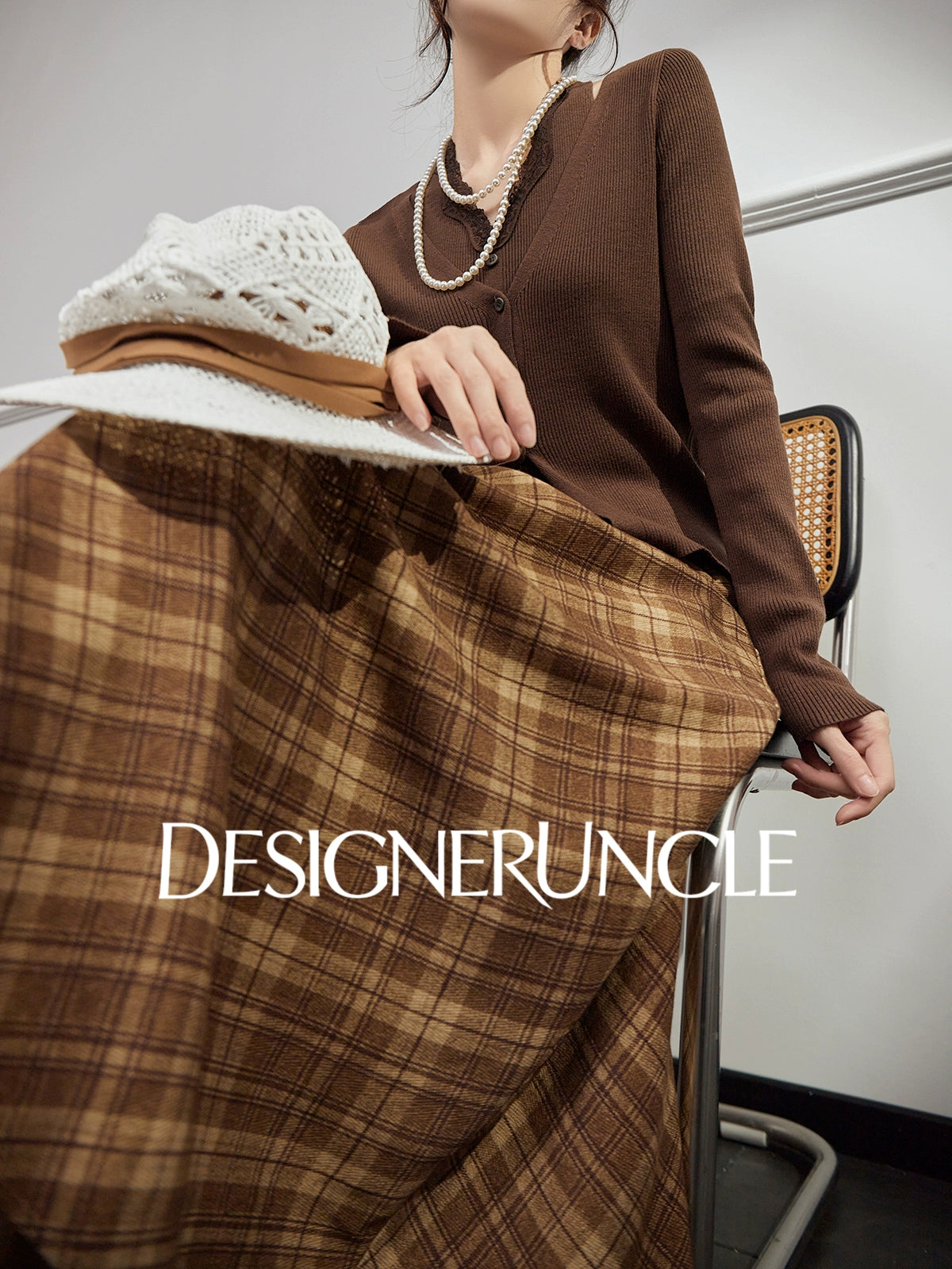 DGU "Hazel Shadow" coffee knitted sweater retro long-sleeved top - SEIGE.