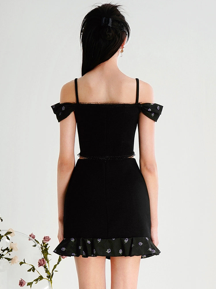 CHECOCRE Chic suspenders slim knitted jacquard top bow skirt - POSTED