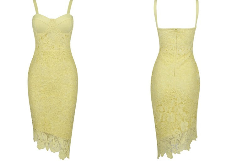 DOLLY Luxury Yellow V-Neck Sleeveless Slim Fit Lace Suspender Dress-TANYA