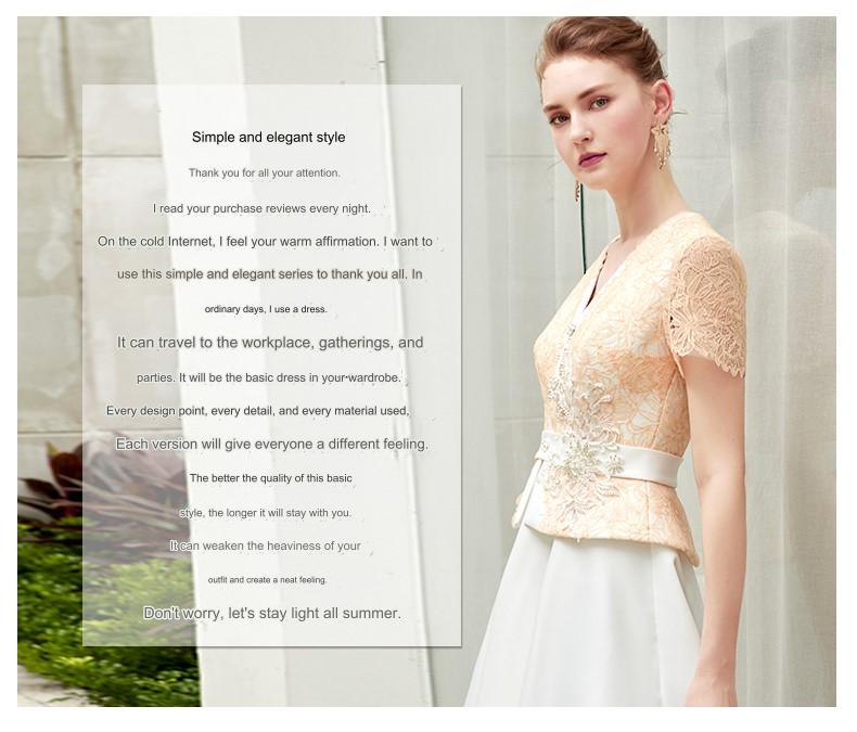 SIDUO High-End midi short sleeve V-neck mid waist A-line skirt simple style party dress-Fiona ( V )