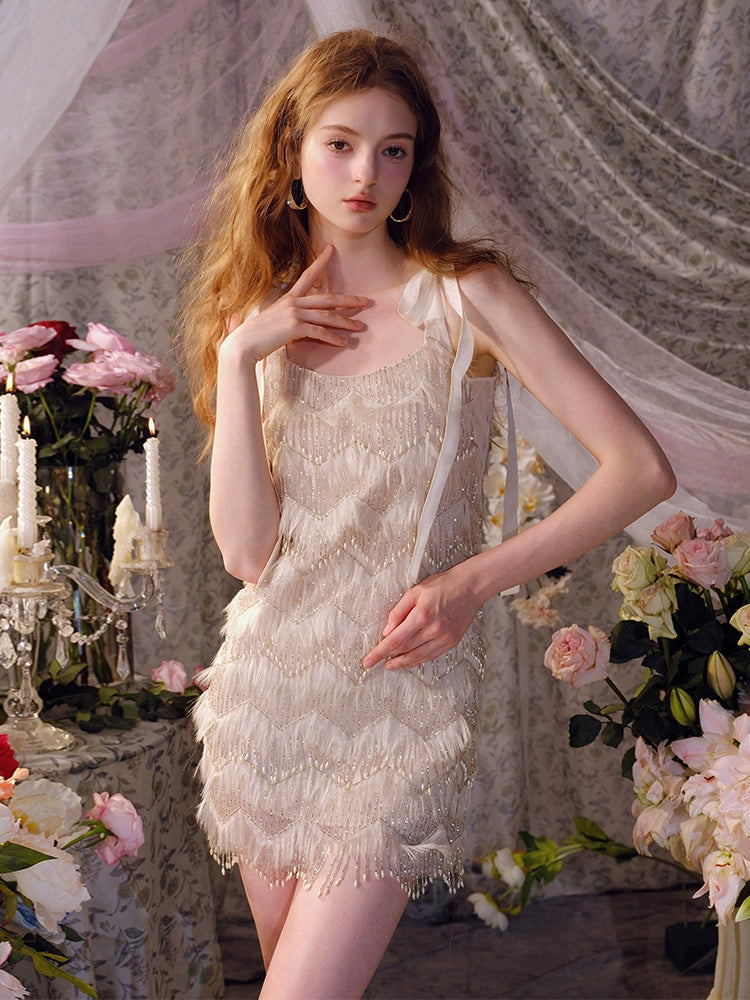 Wardrobes by Chen Elegant Beige Sleeveless Feather Tassel Short Dress-Wemba Wardrobes by Chen Elegant Beige Sleeveless Feather Tassel Short Dress-Wemba