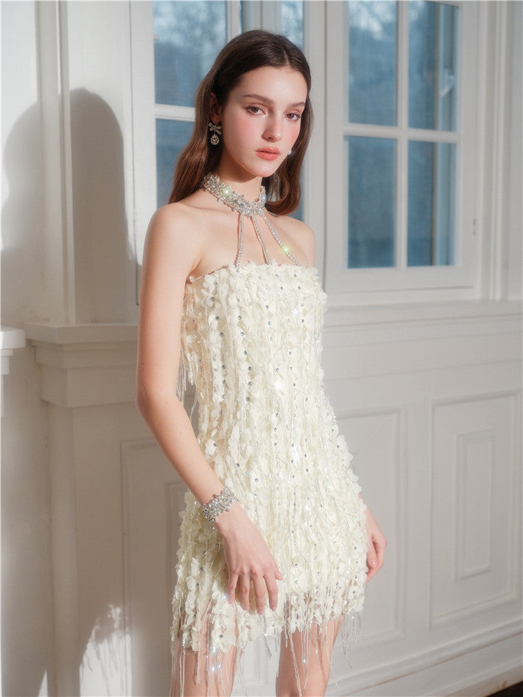 Wardrobes by Chen Elegant Yellow Chain Tassel Flower Halter Dress-Temi