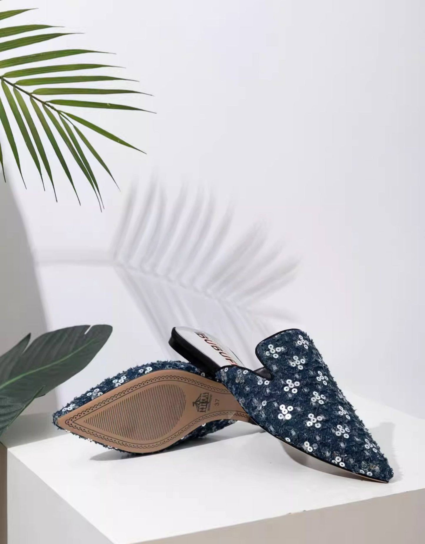 B-FEI'S Denim Sequin Pointed Toe Casual Flat Mules-MATT.