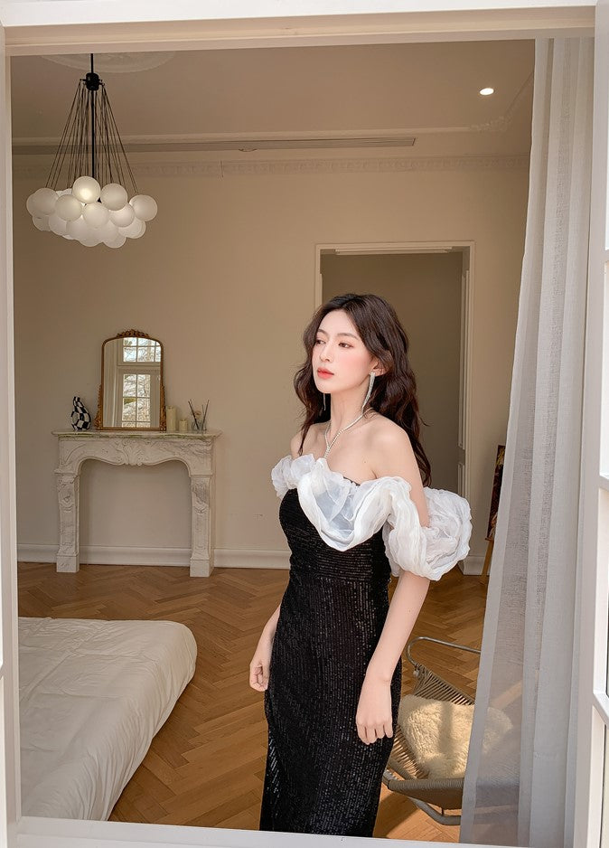 DOLLY Luxury Black Off Shoulder White Ruffle Chest Wrap Long Banquet Dress-NOLA