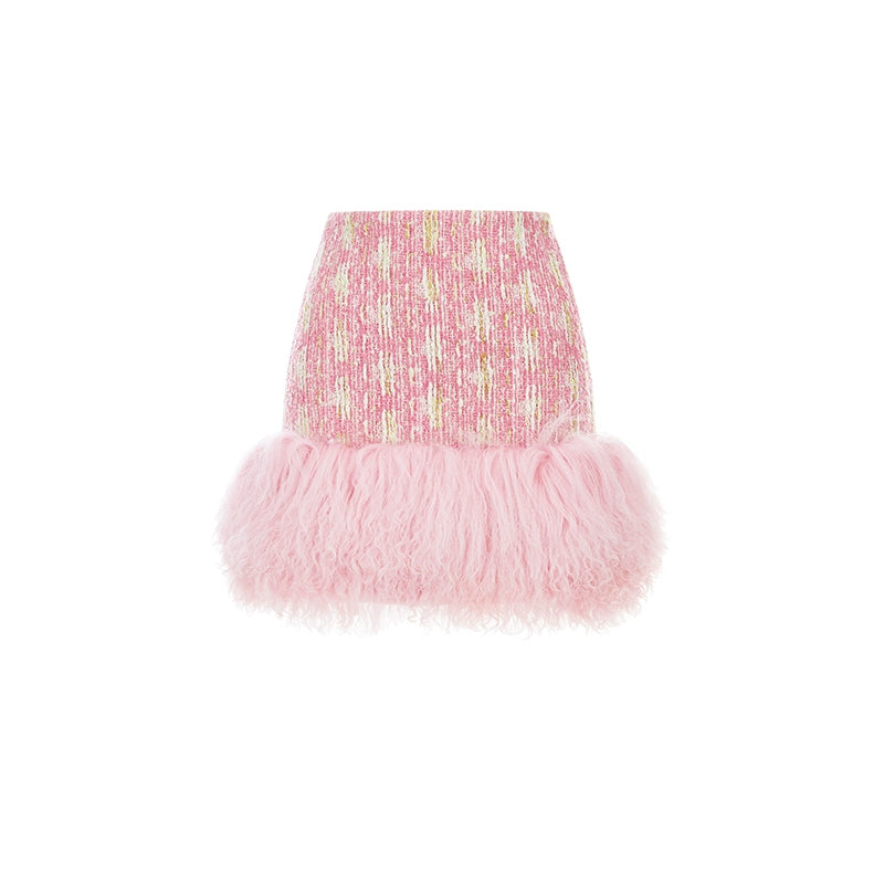 Wardrobes By Chen Elegant printed Pink tweed Jacket Short feathers hem Skirt - Mera